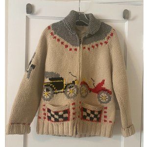 Vintage Zip-up Shawl Collar Cowichan Wool Hand Knit Chunky Sweater | W's M/L